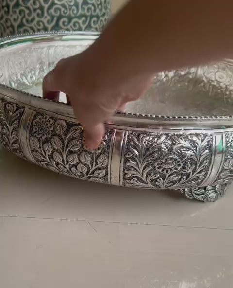 Antique finish German silver fully carved urli bowl for home decor